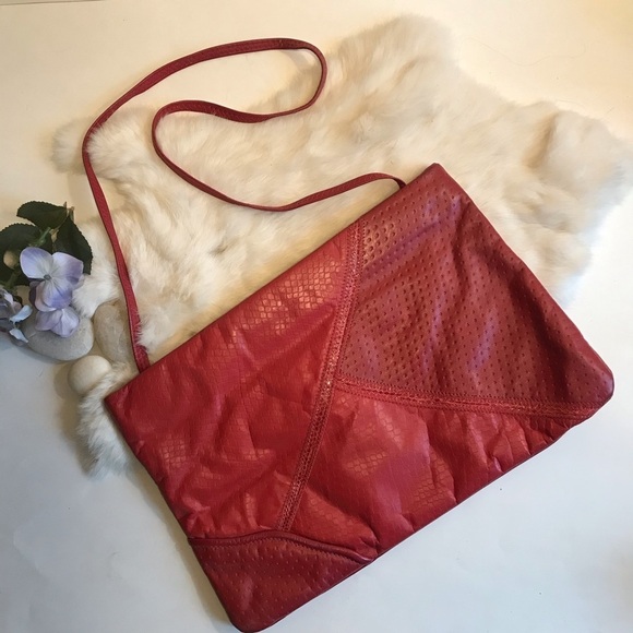 Vintage 80s Large Red Patchwork Leather Envelope Bag Convertible Clutch Xbody - Picture 1 of 6